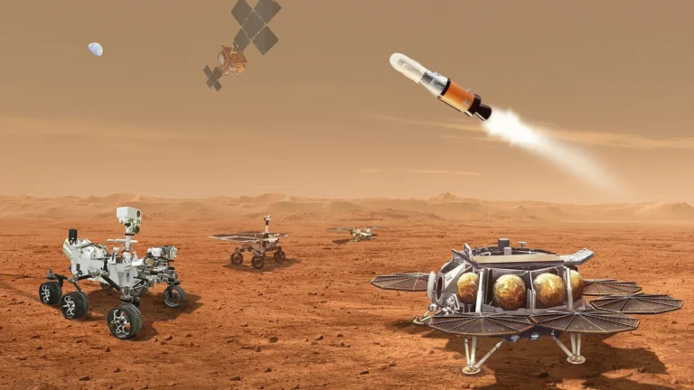 Artist concept of Mars rovers, a lander, and a launching rocket over the red Martian surface.