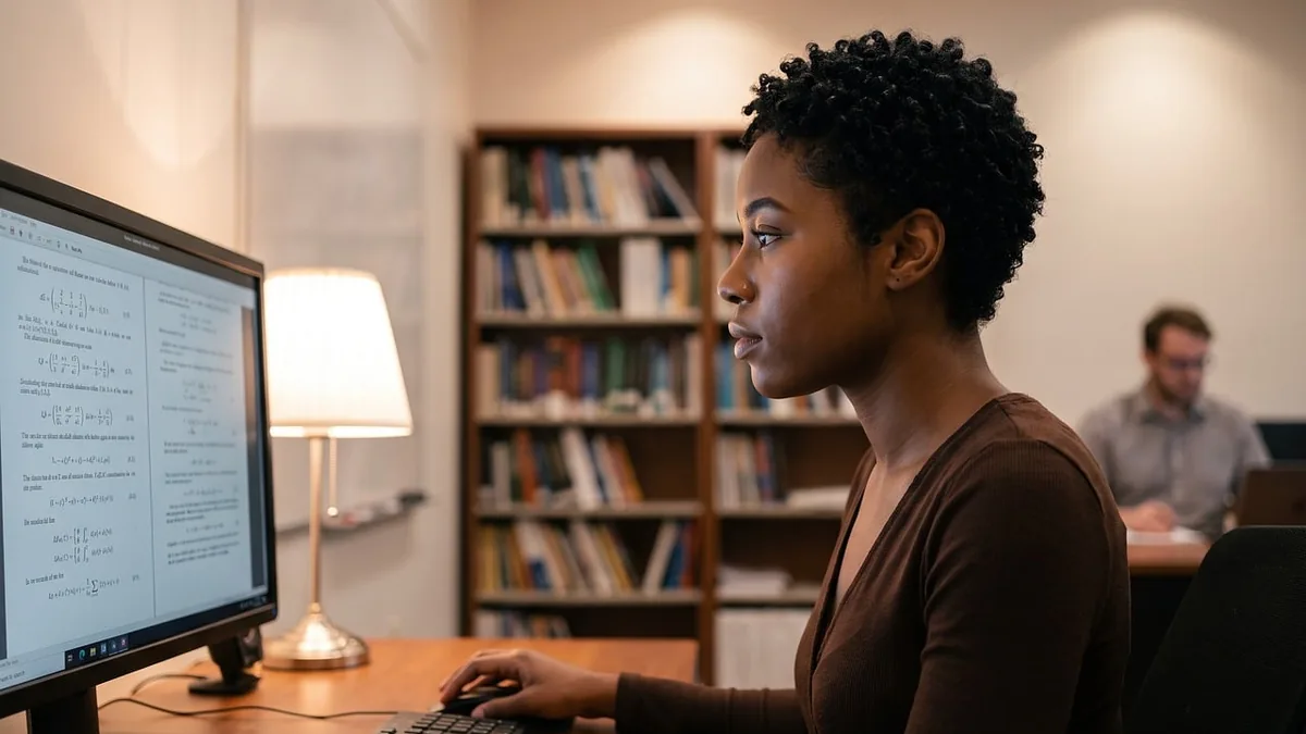 A woman in profile focuses on mathematical equations on a computer screen in a library setting.