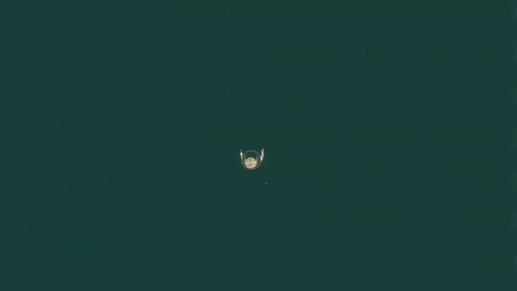 Small satellite deployed in space, centered against a vast dark greenish background.