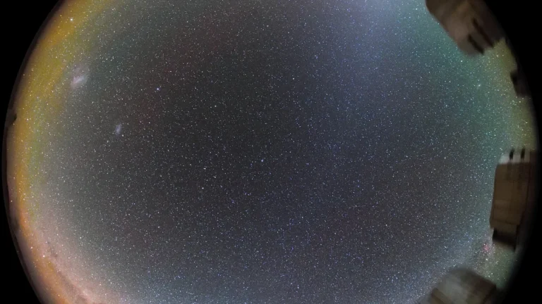 A fisheye view of a star-filled southern night sky showing the Magellanic Clouds and observatory telescopes on the edge.