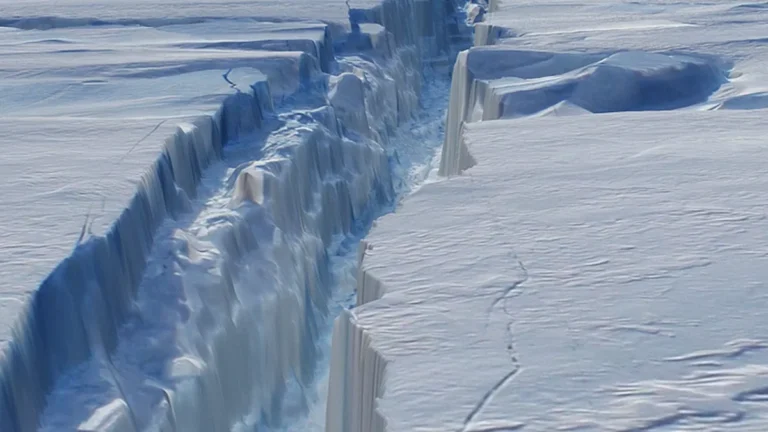 A giant crevasse cutting through a vast, icy Antarctic landscape under bright daylight.
