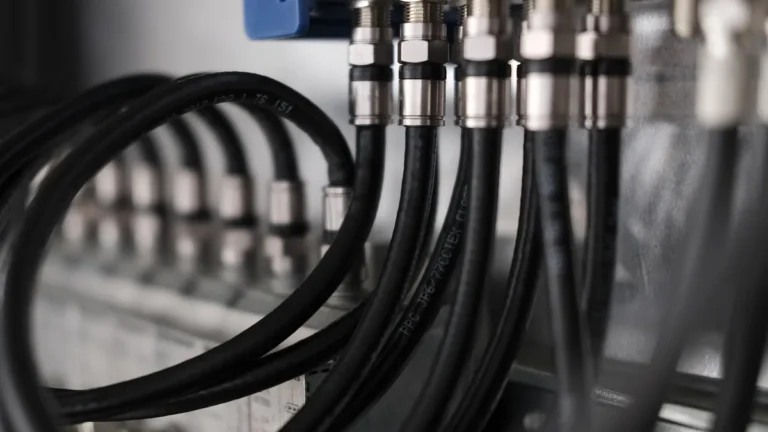 Close-up of black coaxial cables with metallic connectors showing technical cabling infrastructure.