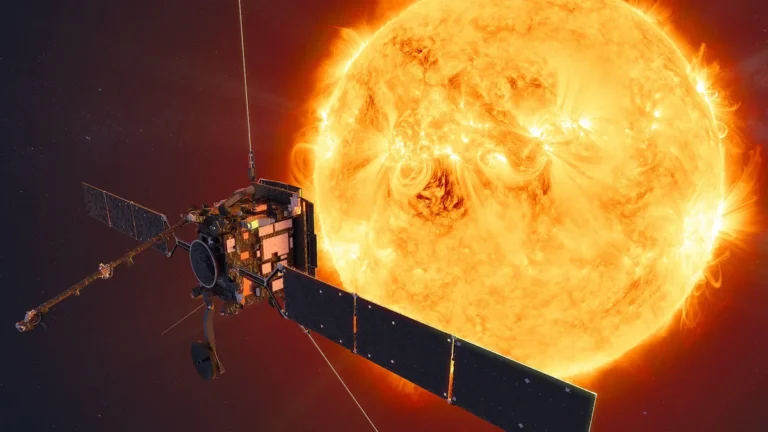 Solar Orbiter spacecraft flying close to the fiery, active surface of the Sun.
