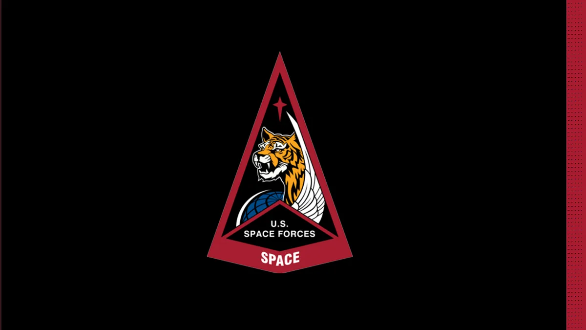 U.S. Space Forces emblem showing a tiger head, wing, and globe inside a red triangle on a black background.