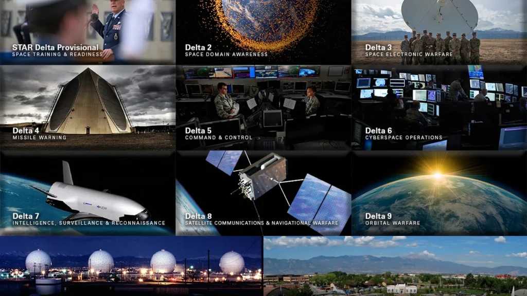 Graphic showing US Space Force deltas covering space domain awareness, missile warning, and orbital warfare.
