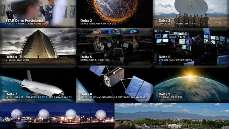 Graphic showing US Space Force deltas covering space domain awareness, missile warning, and orbital warfare.