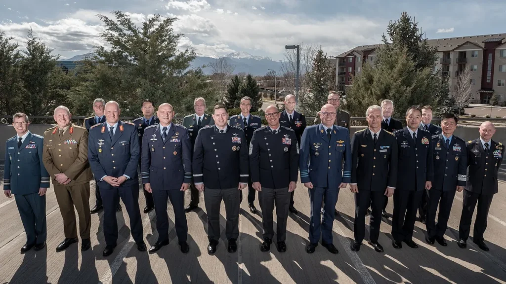 Military space leaders in formal uniforms pose for a group photo outdoors with mountains in the background.
