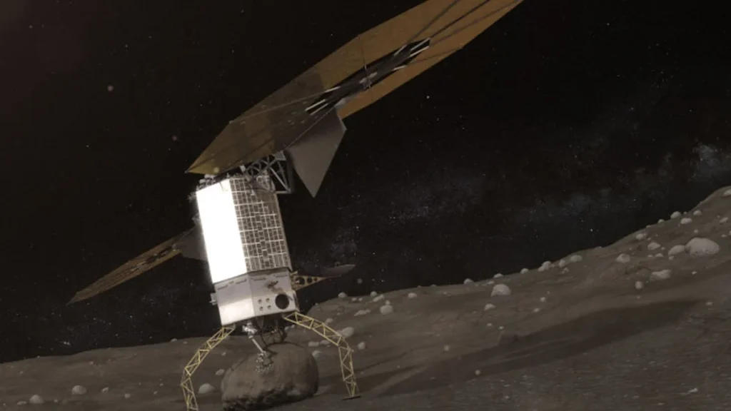 Robotic lander on a rocky asteroid slope under a starry sky, with large solar panels deployed.