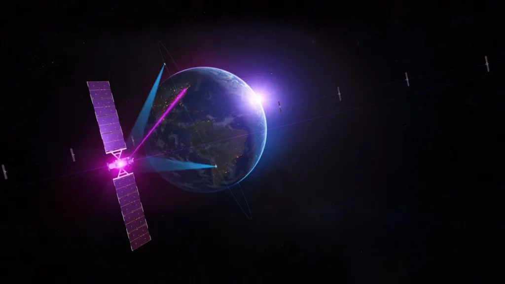 Artist rendering of a satellite constellation beaming colorful communication links down to Earth.