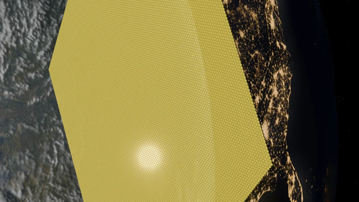 Yellow hexagonal grid overlaying Earth, representing massive orbital infrastructure.