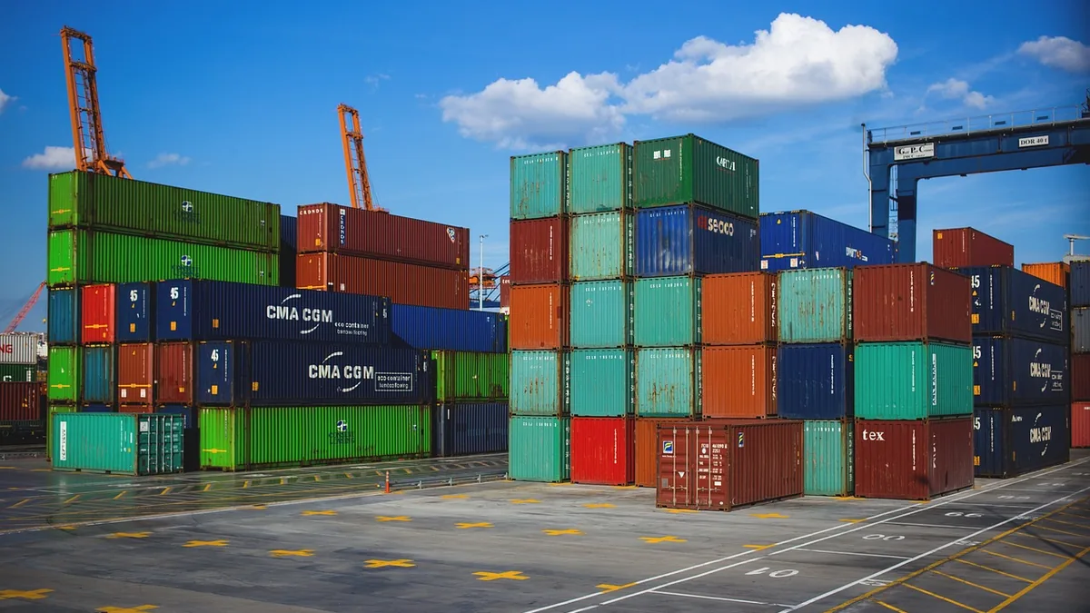 Stacks of colorful shipping containers in a large cargo port terminal under a blue sky.