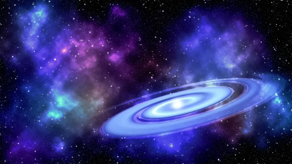 A vibrant cosmic view of a glowing blue spiral galaxy set against a colorful backdrop of purple nebulae and distant stars.