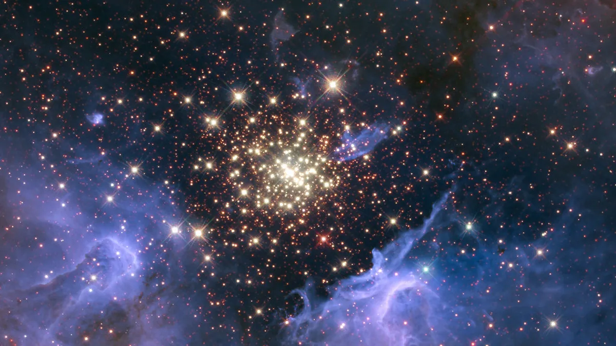 A vibrant star cluster glowing brightly amidst colorful cosmic dust clouds and blue nebulae.