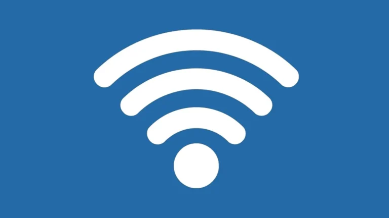 White Wi-Fi symbol on a solid blue background, representing wireless internet connectivity.