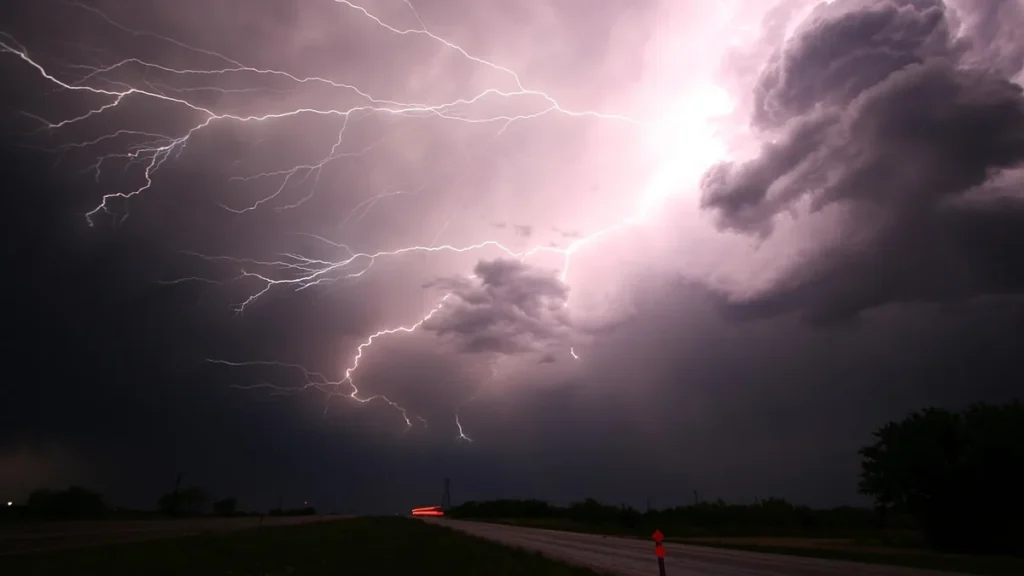 Dramatic lightning bolts branch across purple storm clouds over a dark landscape road.