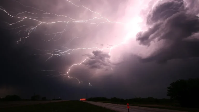 Dramatic lightning bolts branch across purple storm clouds over a dark landscape road.