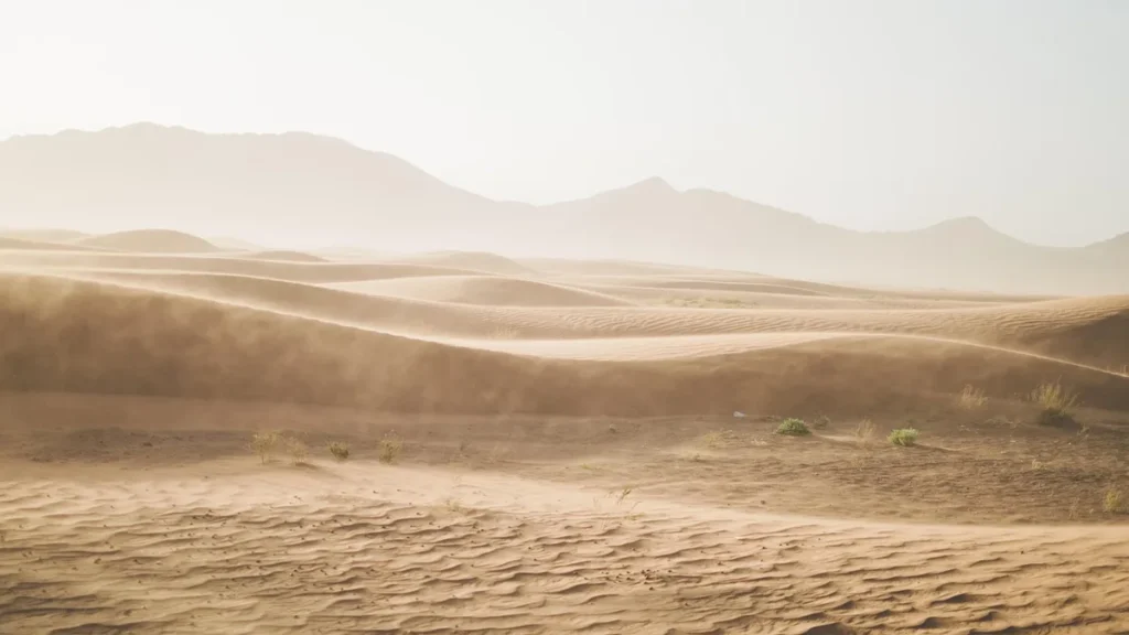 Wind-swept sand dunes in a hazy desert landscape with distant mountains under a bright sky.
