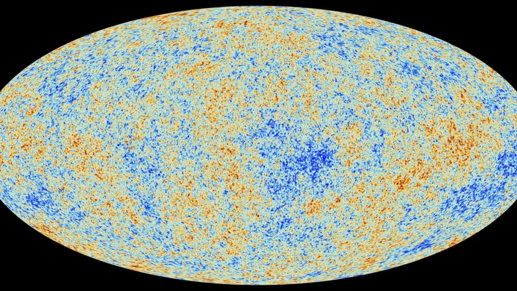 Vibrant cosmic microwave background map showing temperature fluctuations in blue and orange speckles across the sky.