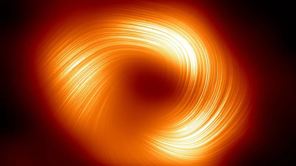 Swirling orange magnetic field lines spiral around a dark central black hole shadow, illustrating cosmic forces.