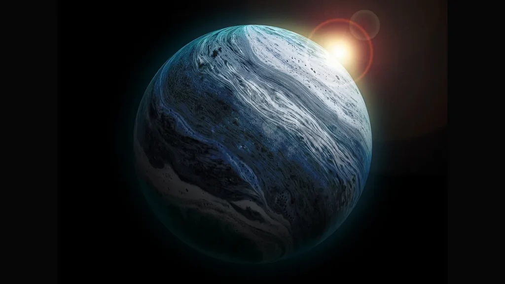 An artistic rendering of a blue, marbled exoplanet with a bright star shining in the dark background.