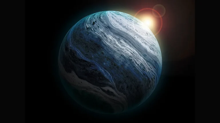An artistic rendering of a blue, marbled exoplanet with a bright star shining in the dark background.