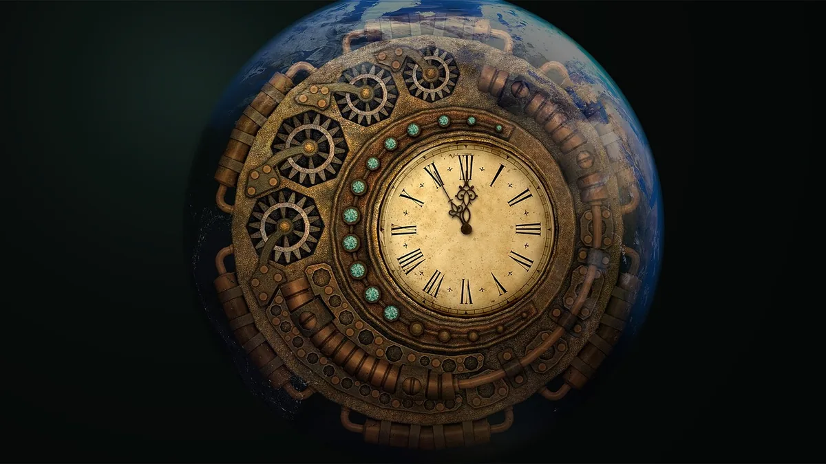 Steampunk clock gear mechanism over a planet globe, symbolizing cosmic time and orbital cycles.