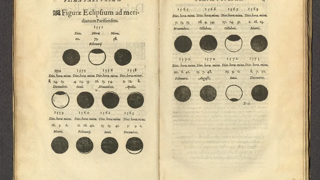 Printed historical page showing various eclipse phases and dates from the 16th century under the title Figurae Eclipsium.