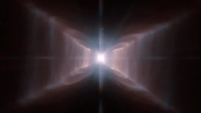 Bright central star shines through symmetrical glowing gas lobes forming a striking cosmic nebula.