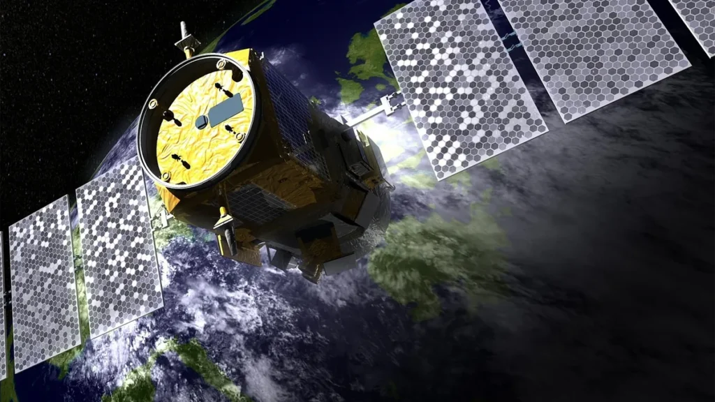 A high-tech satellite with hexagonal solar panels orbits a cloud-covered Earth in this artist's rendering.