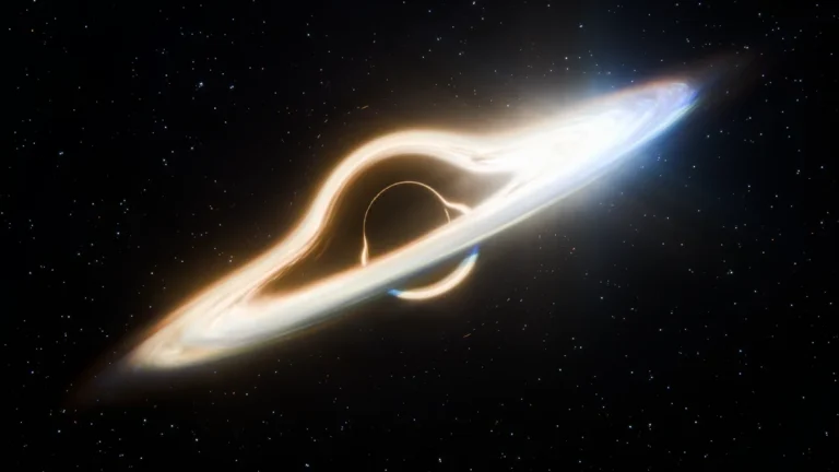Artist's concept of a glowing feeding black hole with a warped accretion disk in space.