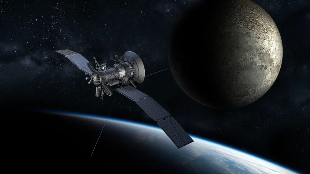 A space probe with solar panels orbits near a cratered moon, with Earth's blue horizon below.