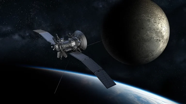 A space probe with solar panels orbits near a cratered moon, with Earth's blue horizon below.