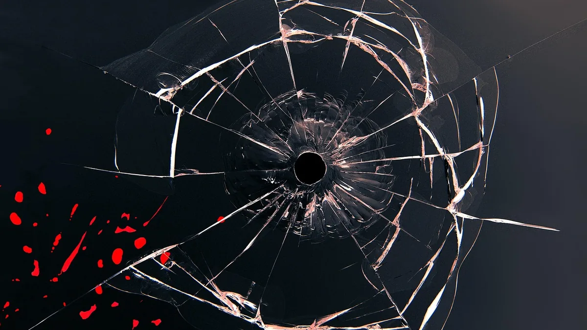 A black bullet hole in cracked glass with red splatters on a dark background.