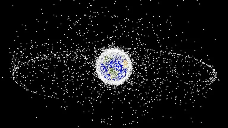 Visualization of space debris as white dots densely surrounding Earth, representing orbital junk.