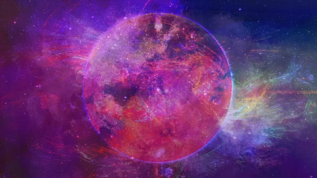 Vibrant cosmic sphere glowing in vivid pink and purple hues against a colorful, star-filled space background.