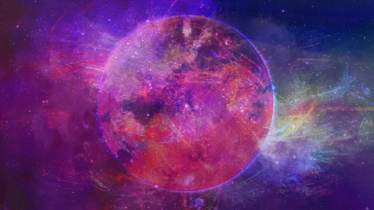 Vibrant cosmic sphere glowing in vivid pink and purple hues against a colorful, star-filled space background.