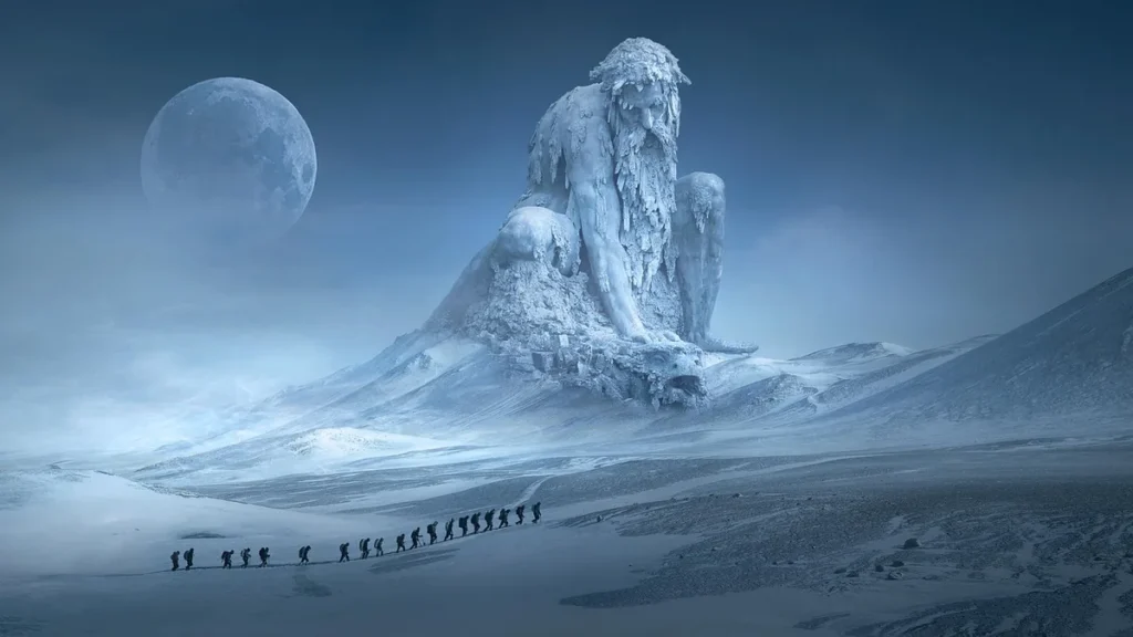 A line of figures walks across a snowy plain toward a giant frozen statue under a large moon.