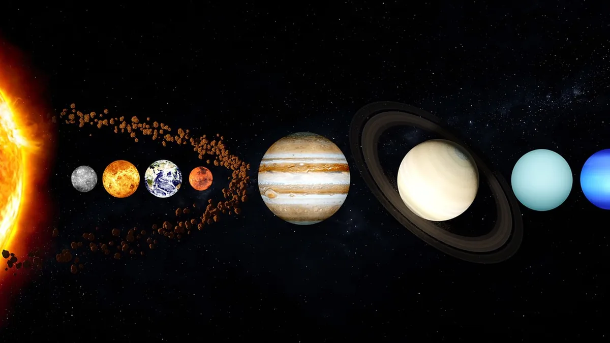Illustration of the solar system showing the Sun, planets, and asteroid belt lined up against a starry background.