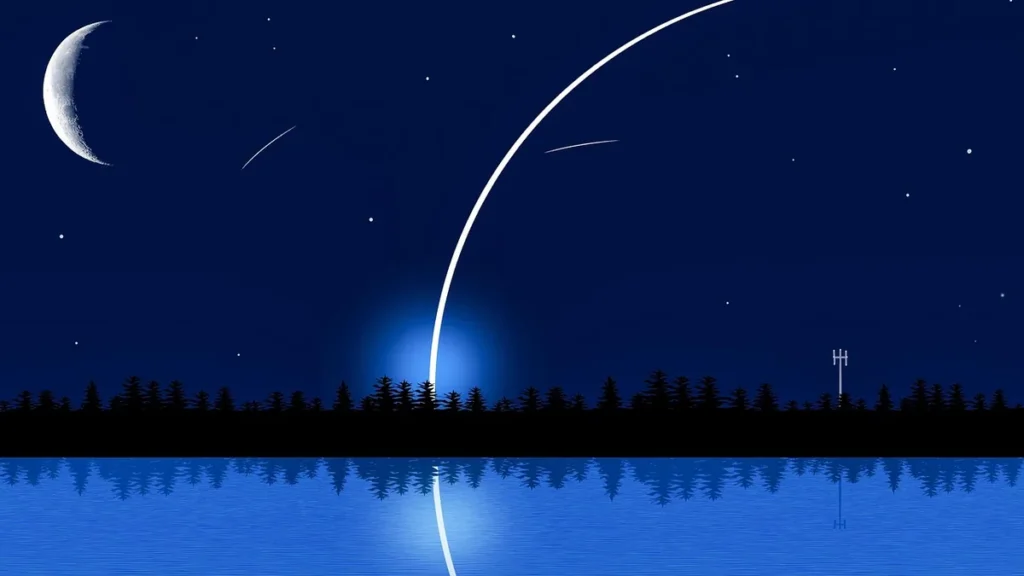 Crescent moon and bright white launch arc in a starry blue sky, reflected in a silhouetted lake.