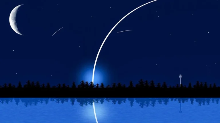 Crescent moon and bright white launch arc in a starry blue sky, reflected in a silhouetted lake.