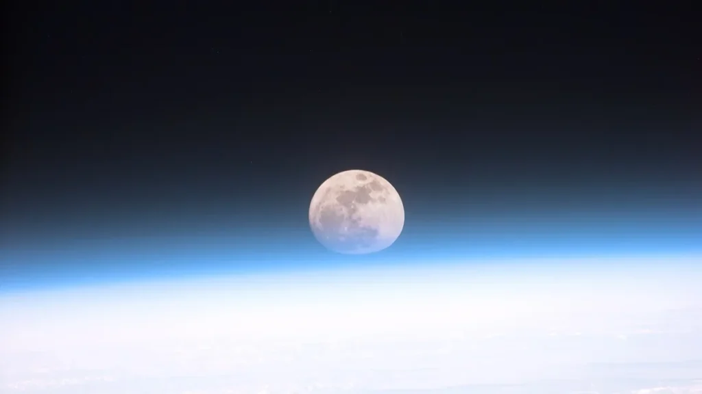 Full moon glowing brightly over Earth's blue atmosphere against the dark void of space.