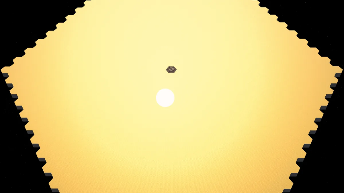 A stylized top-down view of a yellow grid field showing a grey hexagonal sensor tracking a white circular target.