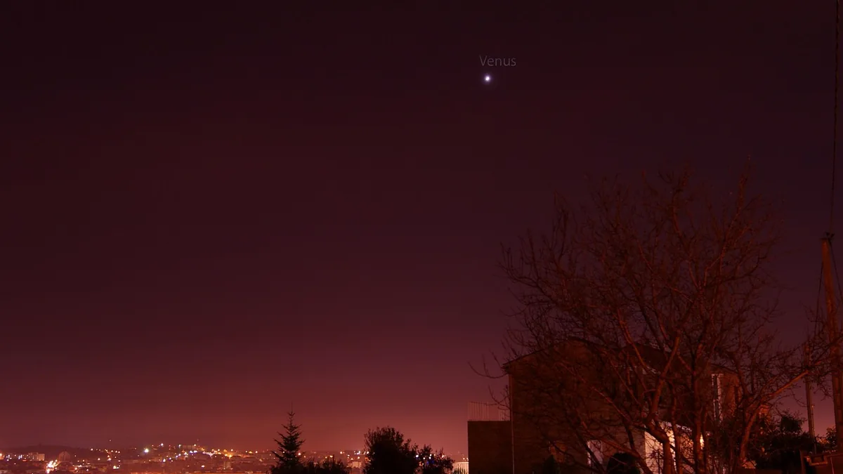 A bright dot labeled Venus shines in a reddish-purple twilight sky over silhouetted trees and distant city lights.