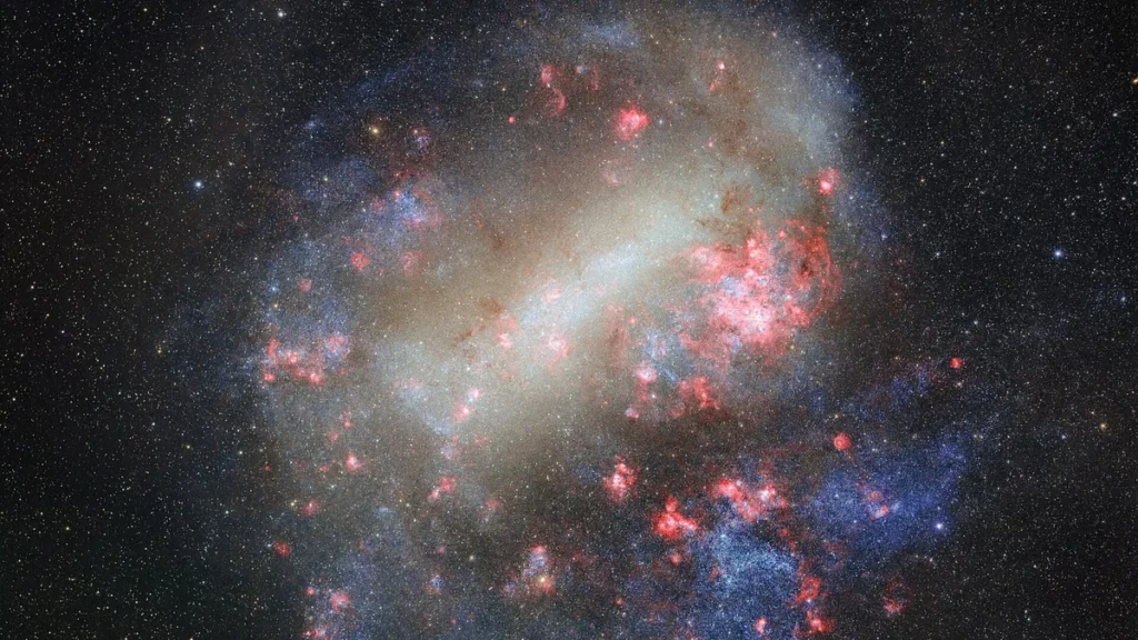 Stunning view of a colorful galaxy with red nebulae, blue star clusters, and a bright central bar.