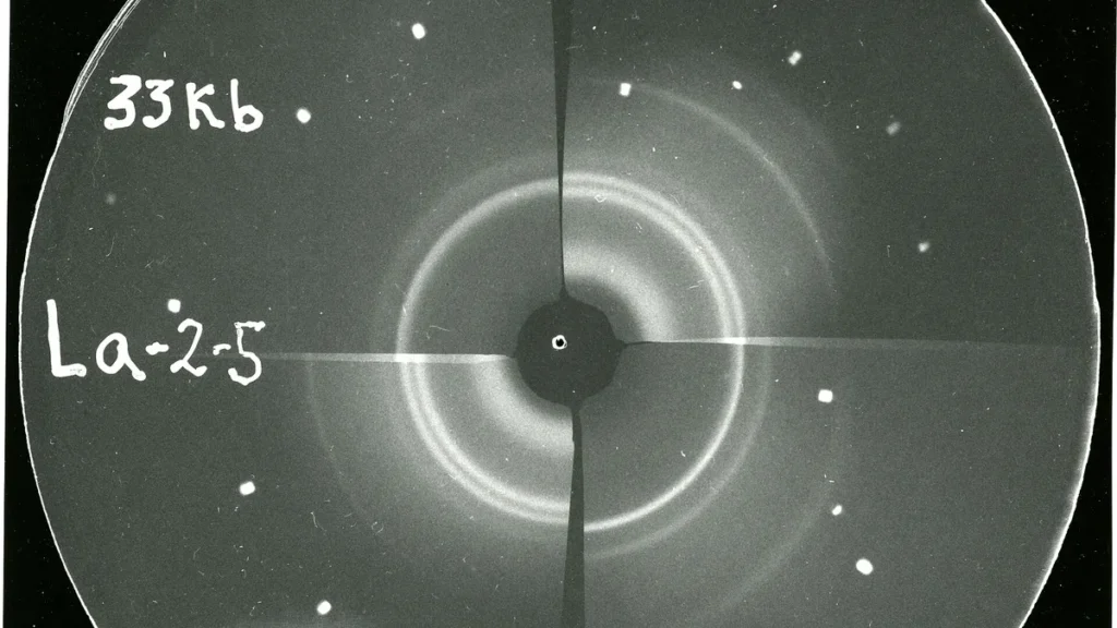 Scientific diffraction pattern showing concentric rings and bright spots, labeled with '33 Kb' and 'La-2-5'.