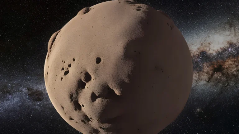 Cratered brown comet nucleus representing interstellar comet 3I/ATLAS, set against a starry Milky Way space background.