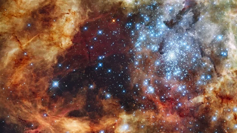 Bright blue star cluster embedded in colorful orange and red cosmic dust clouds of N159.