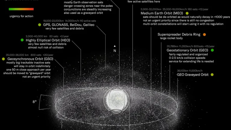 Infographic mapping Earth's orbital slots, space debris, and key orbits like GEO, MEO, and GSO with urgency ratings.
