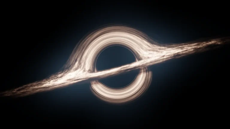 A glowing accretion disk swirls around a dark black hole, warped by intense gravitational lensing.